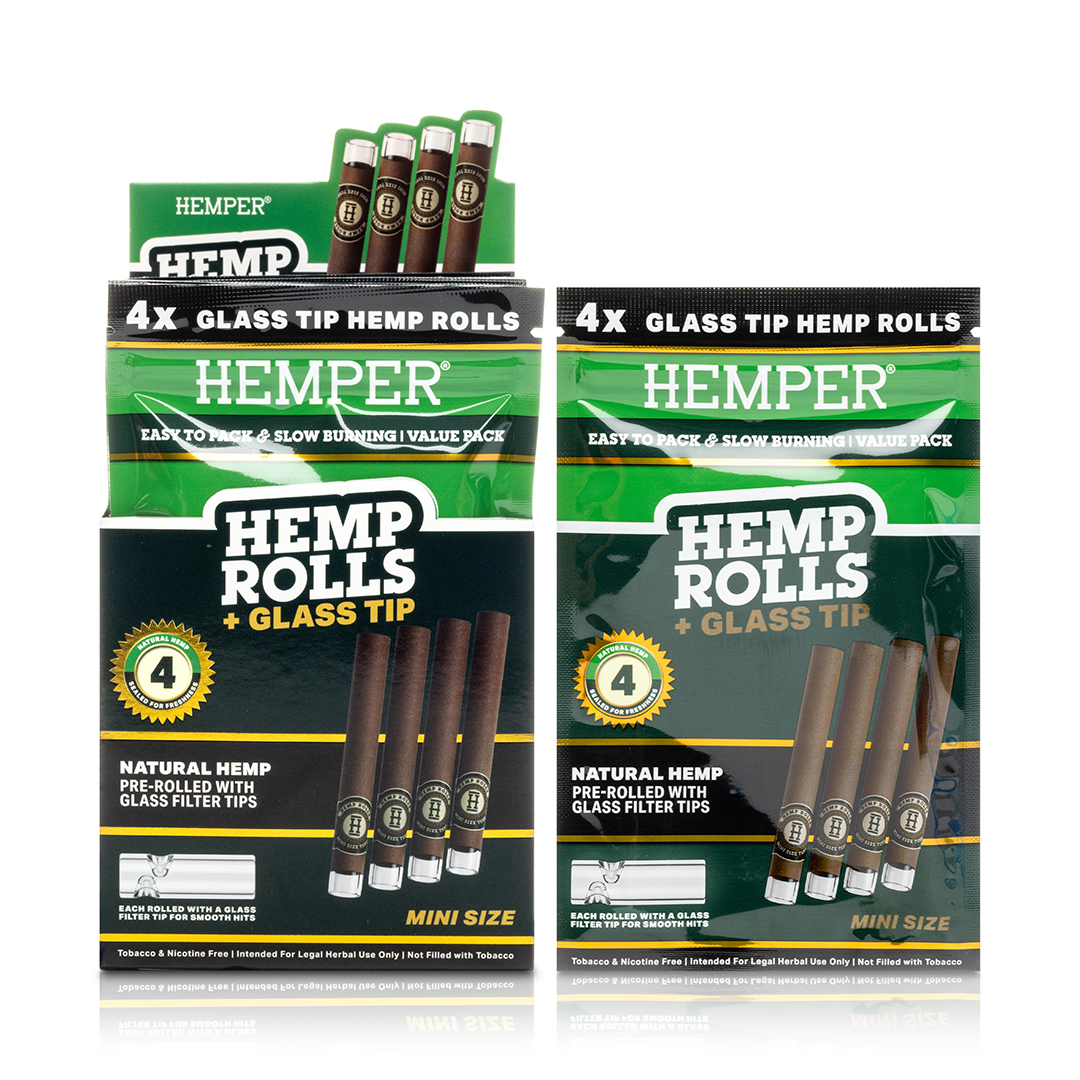 Pre-enrollados Mini rolls 4 PK con boquilla de vidrio display Hemper