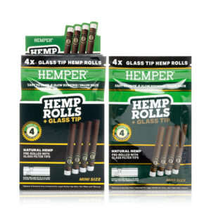 Pre-enrollados Mini rolls 4 PK con boquilla de vidrio display Hemper
